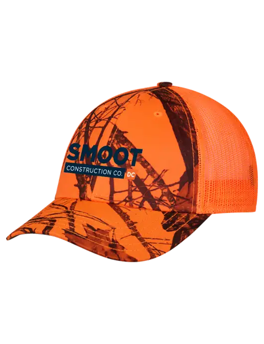 Blaze/Neon Orange Mossy Oak Camo Mesh Trucker Cap Snap Back w/Smoot Construction Logo