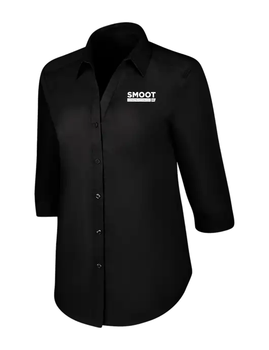 Womens Black 3/4 Sleeve Carefree Poplin Shirt w/Smoot Construction Logo